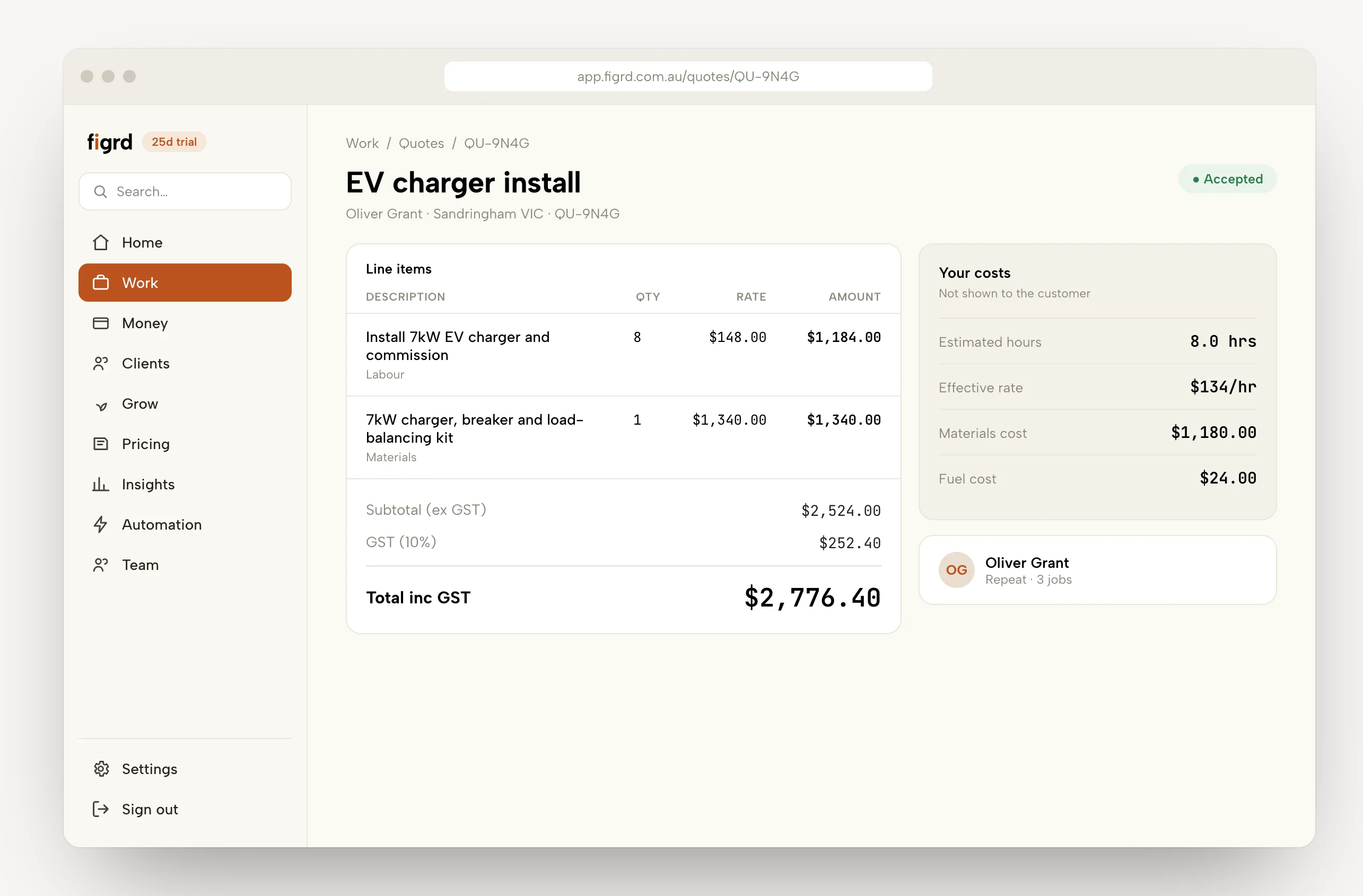 The figrd web app - a quote with the real hourly rate and your costs alongside