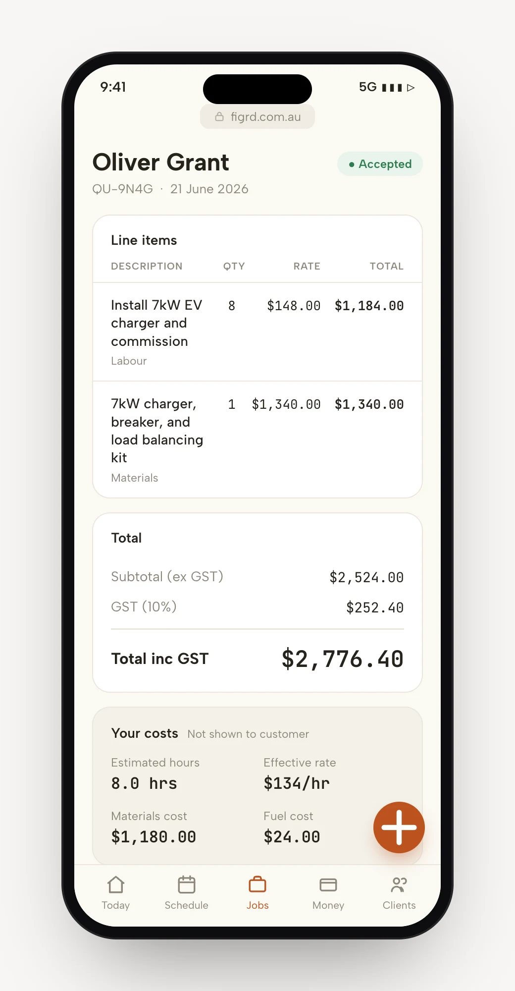 The figrd web app on a phone - a quote showing the real hourly rate